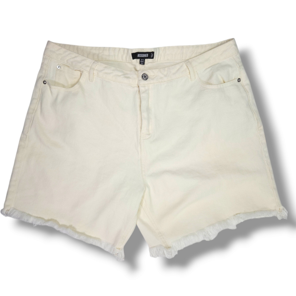 EUC Missguided High Rise Raw Hem Edge Cutoff Cotton Denim Shorts Sz. 14 Cream